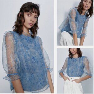 Zara Blue Floral Sheer Mesh Blouse | Size Small | NWT